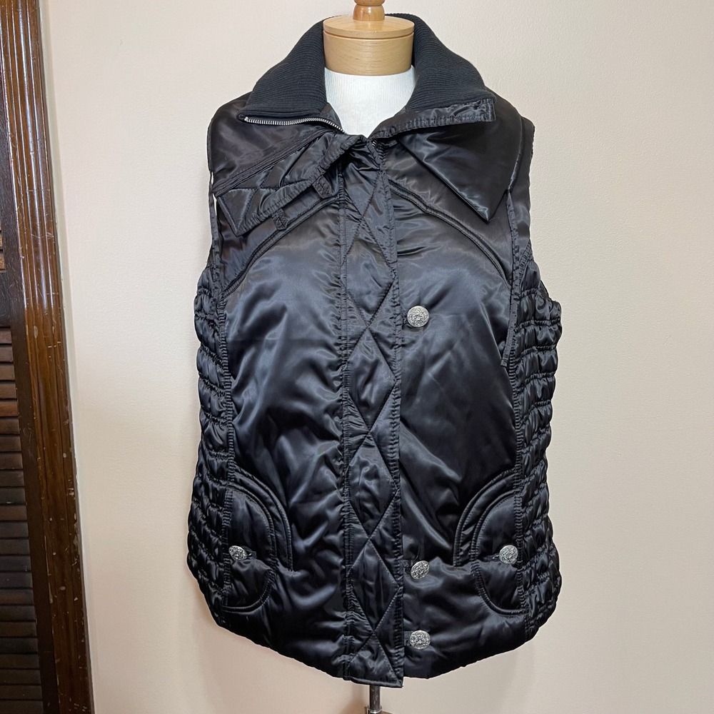 Lane Bryant Black‎ Quilted Puffer Vest Satin Silver Crest Buttons Womens 14/16